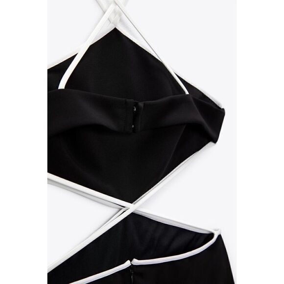 NWT Zara Black & White Contrast Piping Halter Cut Out Mini Dress, Size XS - Picture 12 of 15
